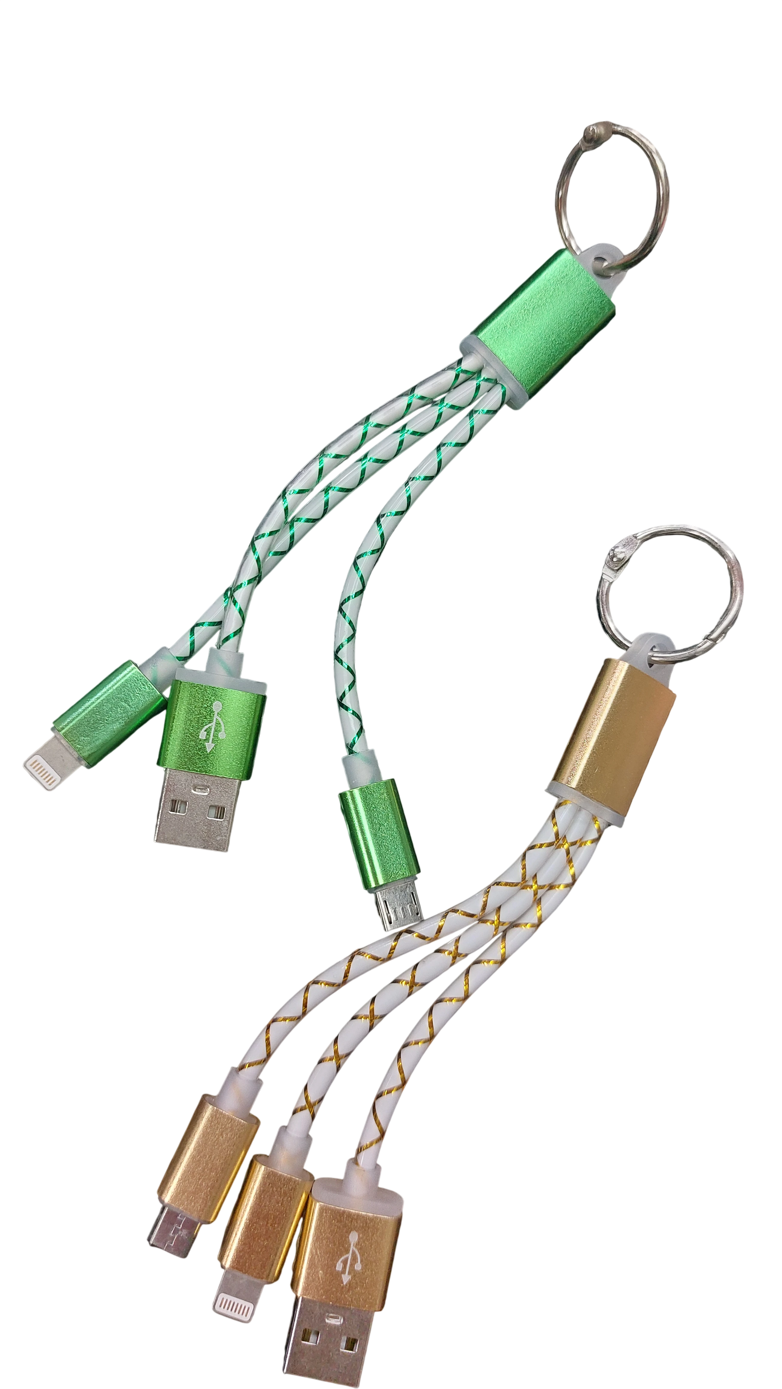 Cable Llavero USB Multi-Conector 2 en 1 Lightning y Micro USB - Pack x2 Colores Verde y Dorado