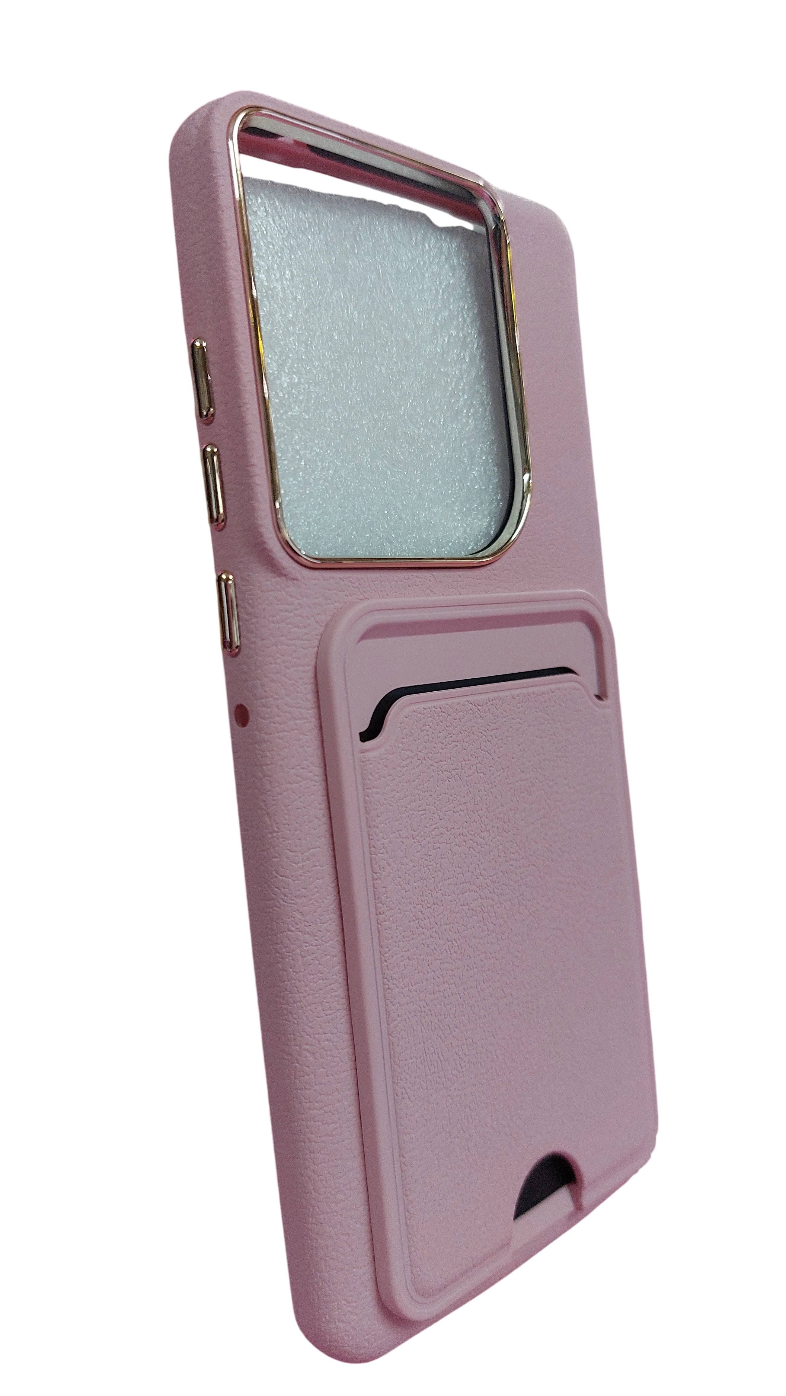 Funda Carcasa Rosa con Porta Tarjetas y Espejo para Smartphone – Diseño Elegante con Marco Dorado
