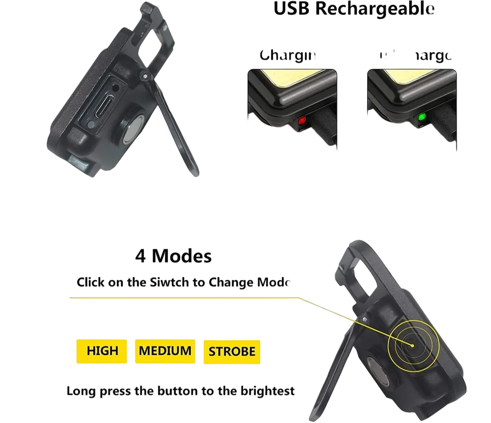 Mini Linterna Llavero COB Recargable USB con Gancho Mosquetón - 3