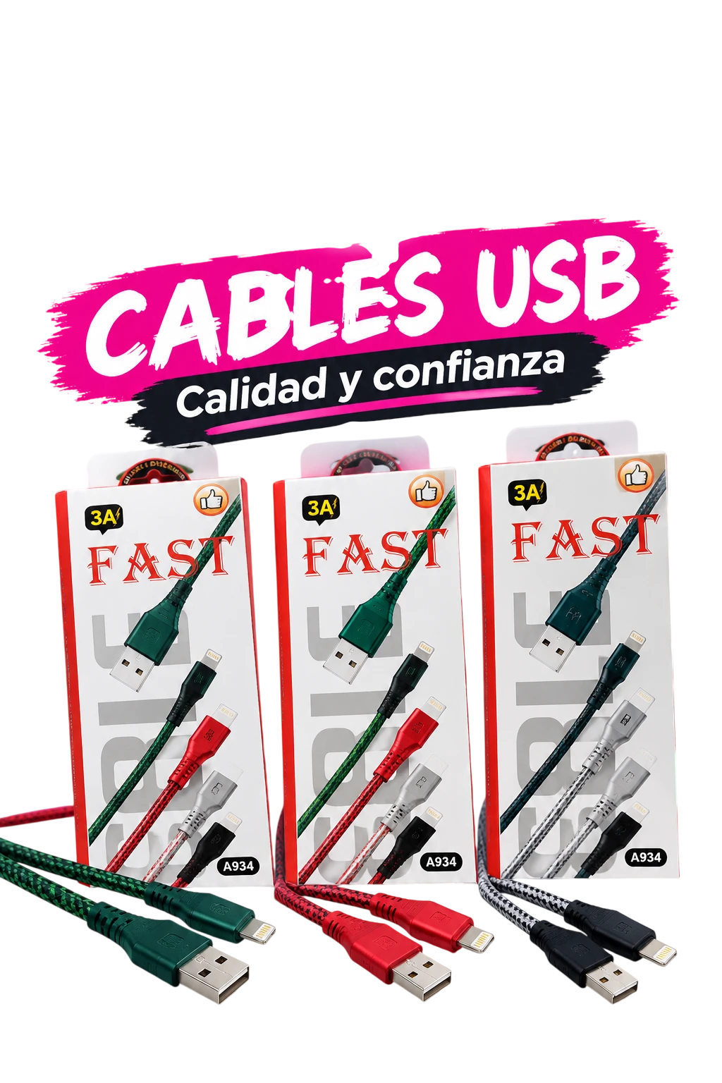 Cable USB a Lightning Fast Charge 3A Trenzado Reforzado A934 - Carga Rápida para iPhone